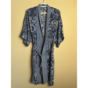 Gap Boho Geometric Print Kimono Robe S/M Long Topper Blue White Coastal Festival